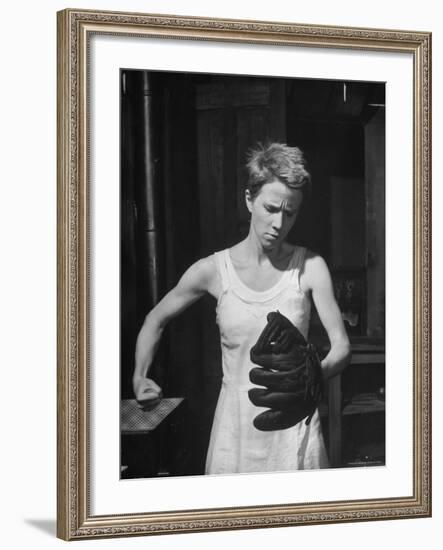 Actress Julie Harris, Punching a Baseball Glove in Scene from Play "Member of the Wedding"-Eliot Elisofon-Framed Premium Photographic Print