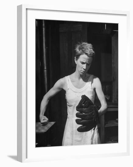 Actress Julie Harris, Punching a Baseball Glove in Scene from Play "Member of the Wedding"-Eliot Elisofon-Framed Premium Photographic Print