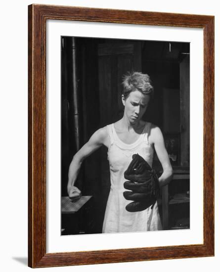 Actress Julie Harris, Punching a Baseball Glove in Scene from Play "Member of the Wedding"-Eliot Elisofon-Framed Premium Photographic Print