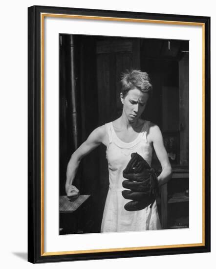 Actress Julie Harris, Punching a Baseball Glove in Scene from Play "Member of the Wedding"-Eliot Elisofon-Framed Premium Photographic Print