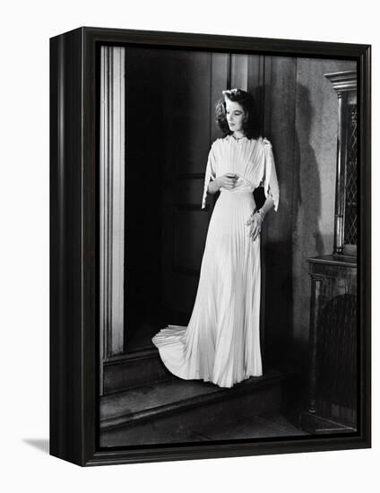 Actress Katharine Hepburn in Pleated Evening Dress on the Set of "The Philadelphia Story"-Alfred Eisenstaedt-Framed Premier Image Canvas