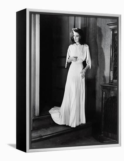 Actress Katharine Hepburn in Pleated Evening Dress on the Set of "The Philadelphia Story"-Alfred Eisenstaedt-Framed Premier Image Canvas