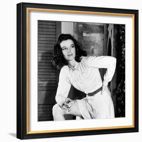 Actress Katharine Hepburn on the Set of Her Broadway Play "The Philadelphia Story"-Alfred Eisenstaedt-Framed Premium Photographic Print