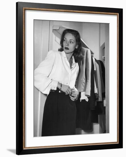 Actress Lauren Bacall at Gotham Hotel-Nina Leen-Framed Premium Photographic Print