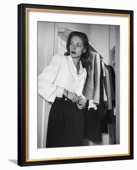 Actress Lauren Bacall at Gotham Hotel-Nina Leen-Framed Premium Photographic Print