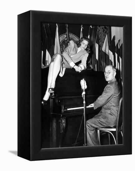 Actress Lauren Bacall Sits Atop the Piano While Vice President Harry Truman Plays-null-Framed Stretched Canvas