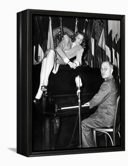 Actress Lauren Bacall Sits Atop the Piano While Vice President Harry Truman Plays-null-Framed Stretched Canvas