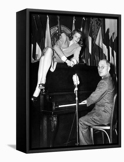 Actress Lauren Bacall Sits Atop the Piano While Vice President Harry Truman Plays-null-Framed Stretched Canvas