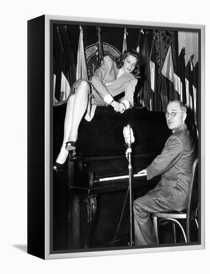 Actress Lauren Bacall Sits Atop the Piano While Vice President Harry Truman Plays-null-Framed Stretched Canvas