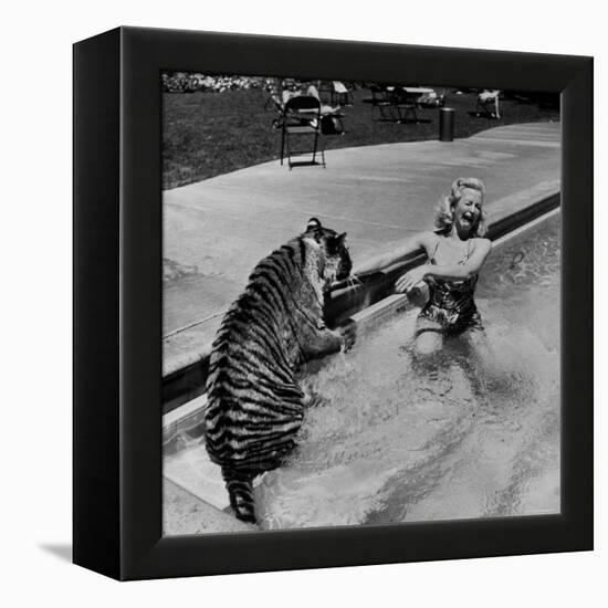 Actress Marilyn Maxwell Playing with a Tiger in a Pool-Allan Grant-Framed Premier Image Canvas