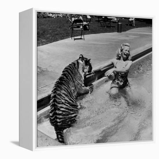 Actress Marilyn Maxwell Playing with a Tiger in a Pool-Allan Grant-Framed Premier Image Canvas