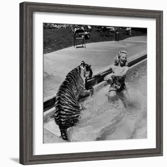 Actress Marilyn Maxwell Playing with a Tiger in a Pool-Allan Grant-Framed Premium Photographic Print