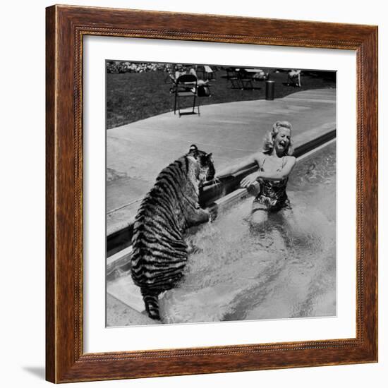 Actress Marilyn Maxwell Playing with a Tiger in a Pool-Allan Grant-Framed Premium Photographic Print