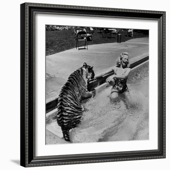 Actress Marilyn Maxwell Playing with a Tiger in a Pool-Allan Grant-Framed Premium Photographic Print