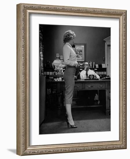 Actress Marilyn Monroe Talking Sexily on Phone While Displaying Her Talents for Producer Jerry Wald-Bob Landry-Framed Premium Photographic Print