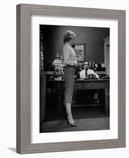 Actress Marilyn Monroe Talking Sexily on Phone While Displaying Her Talents for Producer Jerry Wald-Bob Landry-Framed Premium Photographic Print