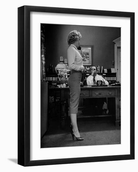 Actress Marilyn Monroe Talking Sexily on Phone While Displaying Her Talents for Producer Jerry Wald-Bob Landry-Framed Premium Photographic Print