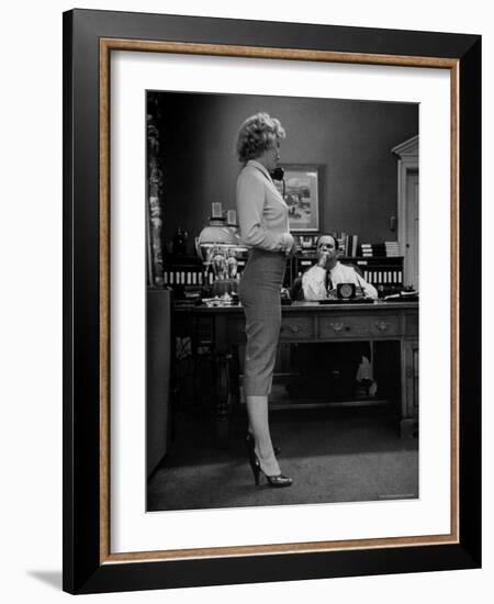 Actress Marilyn Monroe Talking Sexily on Phone While Displaying Her Talents for Producer Jerry Wald-Bob Landry-Framed Premium Photographic Print