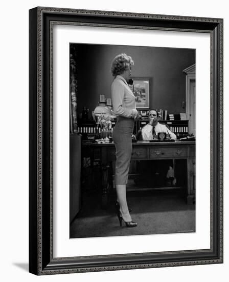 Actress Marilyn Monroe Talking Sexily on Phone While Displaying Her Talents for Producer Jerry Wald-Bob Landry-Framed Premium Photographic Print