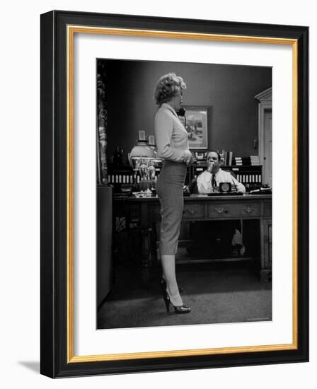 Actress Marilyn Monroe Talking Sexily on Phone While Displaying Her Talents for Producer Jerry Wald-Bob Landry-Framed Premium Photographic Print