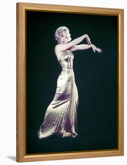 Actress Marilyn Monroe Wearing Gold Gown Designed by Bill Travilla for "Gentlemen Prefer Blondes"-Ed Clark-Framed Premier Image Canvas