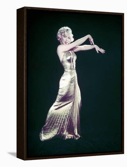 Actress Marilyn Monroe Wearing Gold Gown Designed by Bill Travilla for "Gentlemen Prefer Blondes"-Ed Clark-Framed Premier Image Canvas