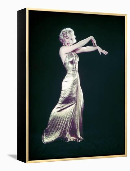 Actress Marilyn Monroe Wearing Gold Gown Designed by Bill Travilla for "Gentlemen Prefer Blondes"-Ed Clark-Framed Premier Image Canvas