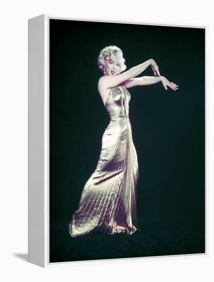 Actress Marilyn Monroe Wearing Gold Gown Designed by Bill Travilla for "Gentlemen Prefer Blondes"-Ed Clark-Framed Premier Image Canvas