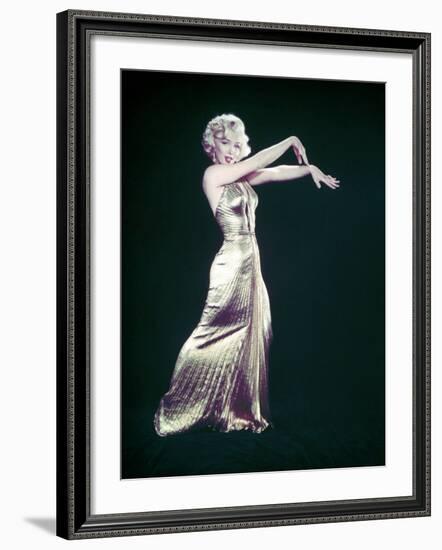 Actress Marilyn Monroe Wearing Gold Gown Designed by Bill Travilla for "Gentlemen Prefer Blondes"-Ed Clark-Framed Premium Photographic Print