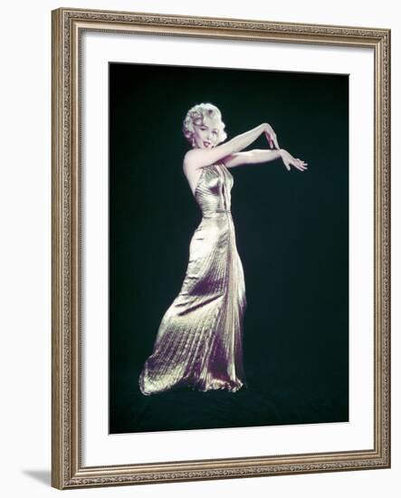Actress Marilyn Monroe Wearing Gold Gown Designed by Bill Travilla for "Gentlemen Prefer Blondes"-Ed Clark-Framed Premium Photographic Print