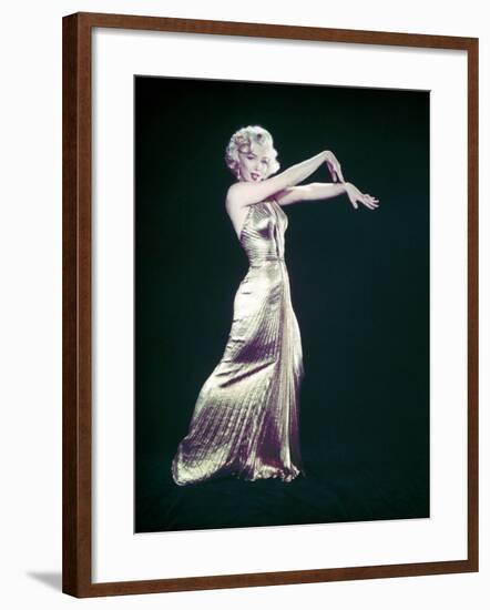 Actress Marilyn Monroe Wearing Gold Gown Designed by Bill Travilla for "Gentlemen Prefer Blondes"-Ed Clark-Framed Premium Photographic Print