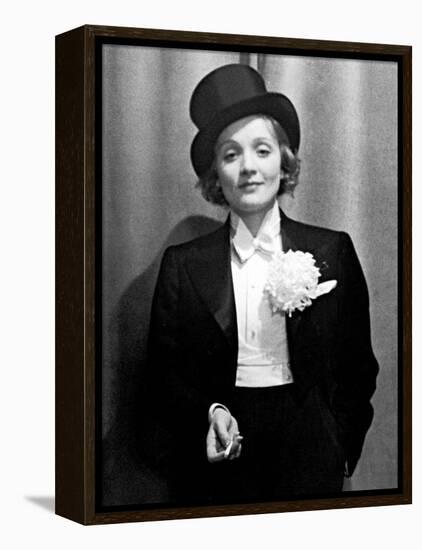 Actress Marlene Dietrich Wearing Tuxedo, Top Hat, and Holding Cigarette at Ball for Foreign Press-Alfred Eisenstaedt-Framed Premier Image Canvas