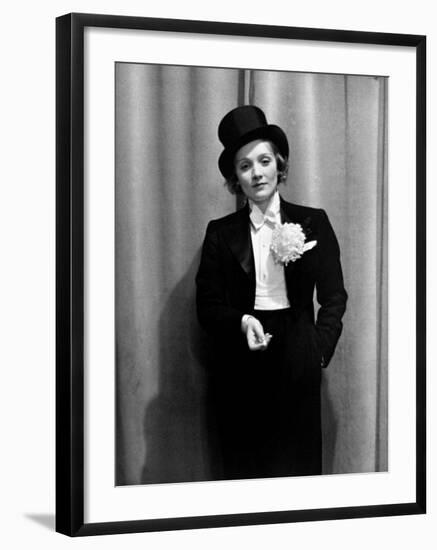 Actress Marlene Dietrich Wearing Tuxedo, Top Hat, Corsage and Holding Cigarette, Foreign Press Ball-Alfred Eisenstaedt-Framed Premium Photographic Print