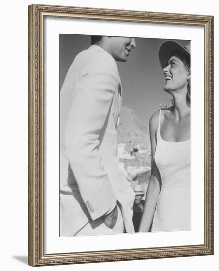 Actress Melina Mercouri and Tony Perkins in Greece to Make Movie "S.S. Phaedra"-James Burke-Framed Premium Photographic Print