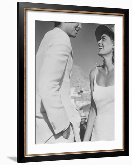 Actress Melina Mercouri and Tony Perkins in Greece to Make Movie "S.S. Phaedra"-James Burke-Framed Premium Photographic Print