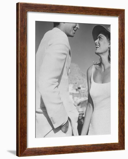 Actress Melina Mercouri and Tony Perkins in Greece to Make Movie "S.S. Phaedra"-James Burke-Framed Premium Photographic Print