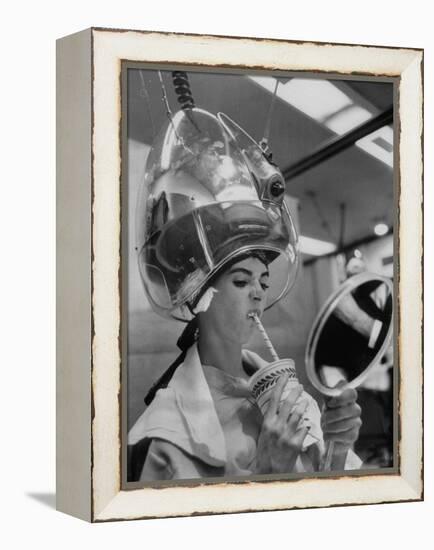 Actress Millie Perkins Making Faces at Herself in Mirror While Getting Hair Done in Beauty Salon-Allan Grant-Framed Premier Image Canvas