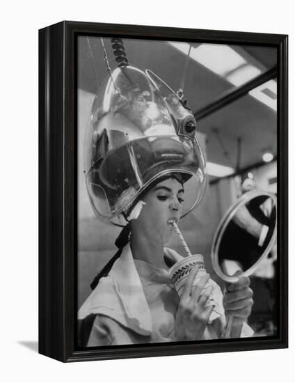 Actress Millie Perkins Making Faces at Herself in Mirror While Getting Hair Done in Beauty Salon-Allan Grant-Framed Premier Image Canvas