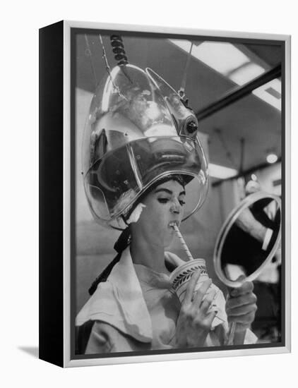 Actress Millie Perkins Making Faces at Herself in Mirror While Getting Hair Done in Beauty Salon-Allan Grant-Framed Premier Image Canvas