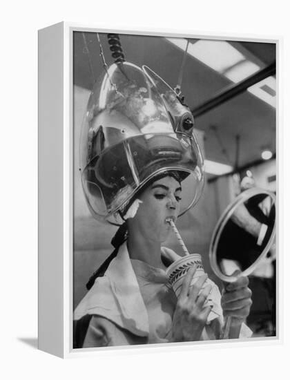 Actress Millie Perkins Making Faces at Herself in Mirror While Getting Hair Done in Beauty Salon-Allan Grant-Framed Premier Image Canvas