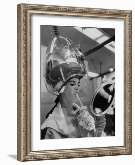 Actress Millie Perkins Making Faces at Herself in Mirror While Getting Hair Done in Beauty Salon-Allan Grant-Framed Premium Photographic Print
