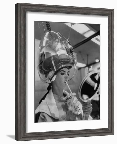 Actress Millie Perkins Making Faces at Herself in Mirror While Getting Hair Done in Beauty Salon-Allan Grant-Framed Premium Photographic Print