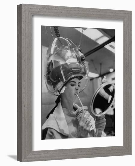 Actress Millie Perkins Making Faces at Herself in Mirror While Getting Hair Done in Beauty Salon-Allan Grant-Framed Premium Photographic Print