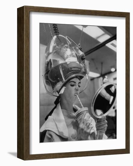 Actress Millie Perkins Making Faces at Herself in Mirror While Getting Hair Done in Beauty Salon-Allan Grant-Framed Premium Photographic Print