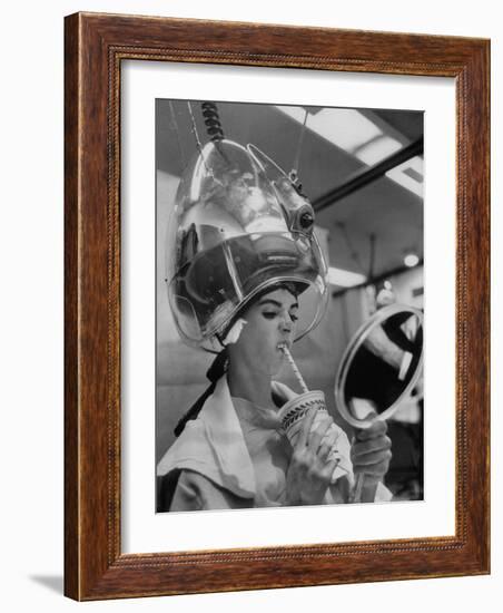 Actress Millie Perkins Making Faces at Herself in Mirror While Getting Hair Done in Beauty Salon-Allan Grant-Framed Premium Photographic Print