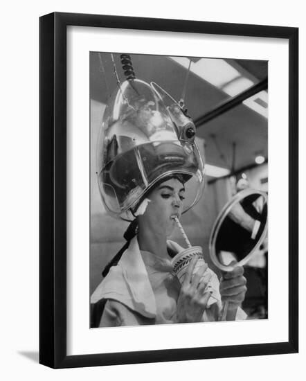 Actress Millie Perkins Making Faces at Herself in Mirror While Getting Hair Done in Beauty Salon-Allan Grant-Framed Premium Photographic Print