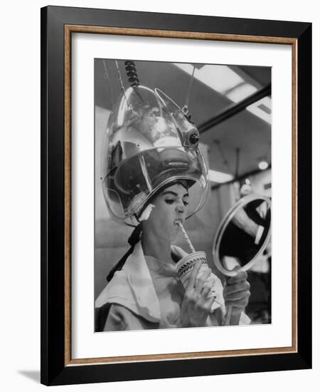 Actress Millie Perkins Making Faces at Herself in Mirror While Getting Hair Done in Beauty Salon-Allan Grant-Framed Premium Photographic Print