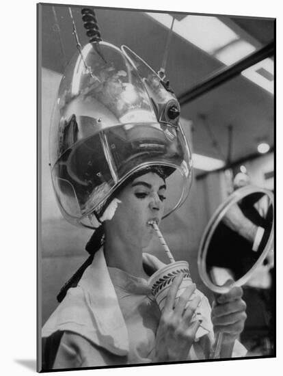 Actress Millie Perkins Making Faces at Herself in Mirror While Getting Hair Done in Beauty Salon-Allan Grant-Mounted Premium Photographic Print