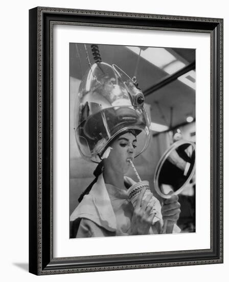 Actress Millie Perkins Making Faces at Herself in Mirror While Getting Hair Done in Beauty Salon-Allan Grant-Framed Premium Photographic Print