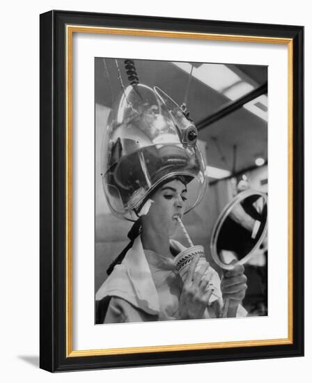 Actress Millie Perkins Making Faces at Herself in Mirror While Getting Hair Done in Beauty Salon-Allan Grant-Framed Premium Photographic Print